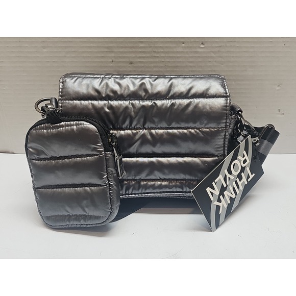 THINK ROYLN Handbags - Think Royln Nylon Quilted Striped Adjustable Strap Small Shoulder Handbag Gray